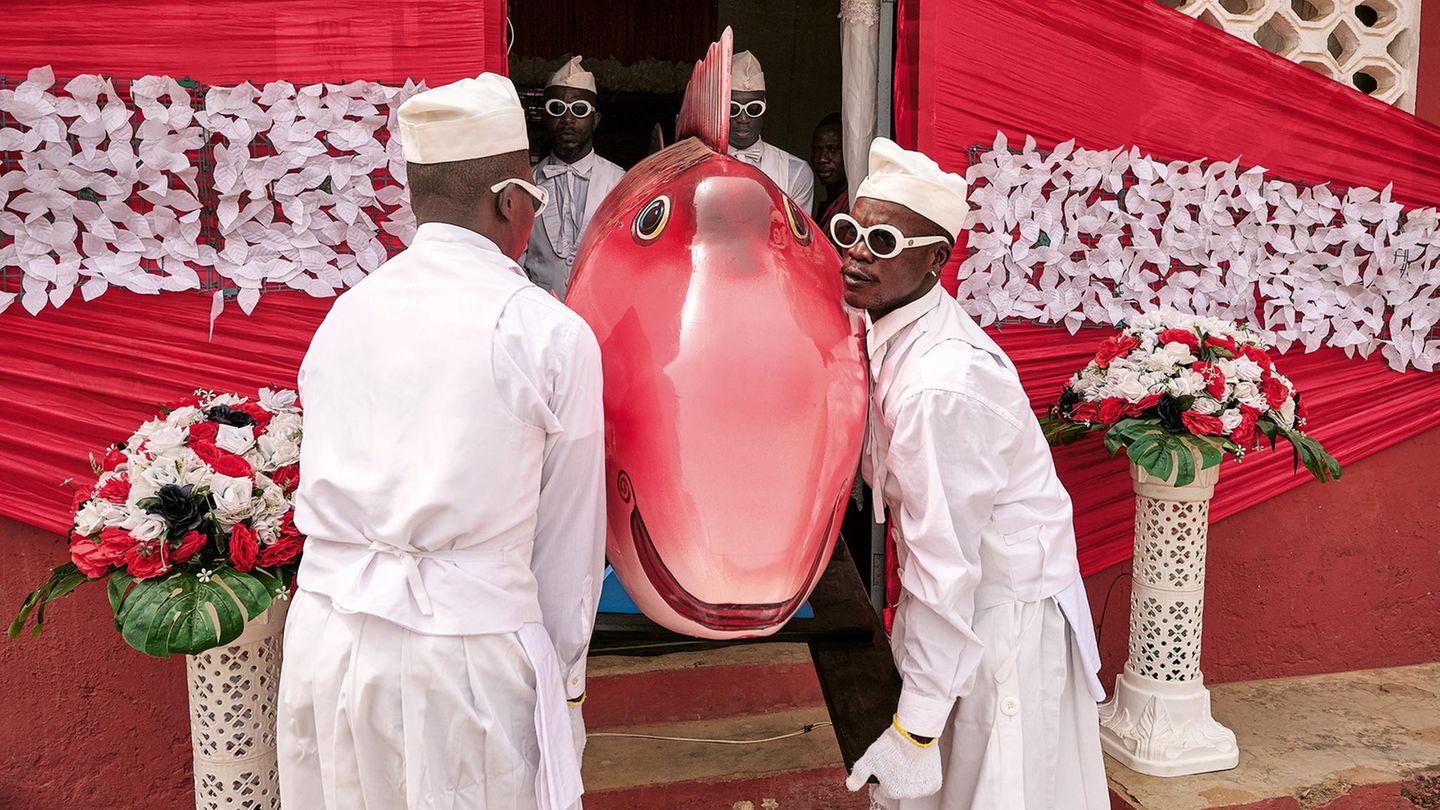 Bildband „Stilvoll ins Jenseits“ : Im Auto, in der Ananas, im Fisch – so werden in Ghana die Toten geehrt