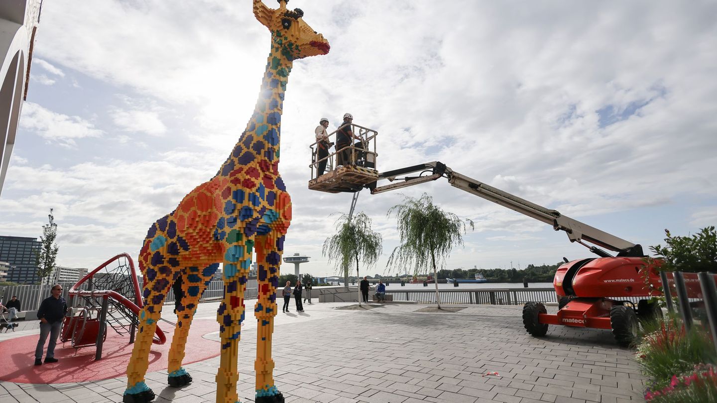 Buntes: Lebensgroße Spielzeugstein-Giraffe in Hamburg aufgestellt